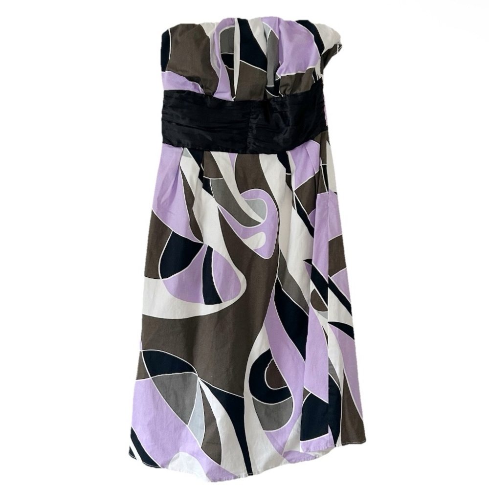 Romy Strapless Formal Dress Purple Beige White Swirls Pattern Black Satin Y2K